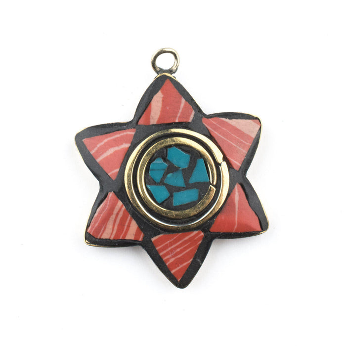 Coral & Green Nepal Star of David Pendant - The Bead Chest