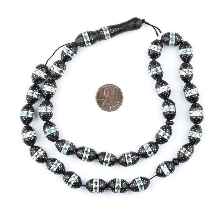 Teal Mosaic Inlaid Ebony Arabian Prayer Beads - The Bead Chest