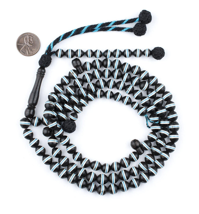 Blue Striped Inlaid Ebony Arabian Prayer Beads - The Bead Chest