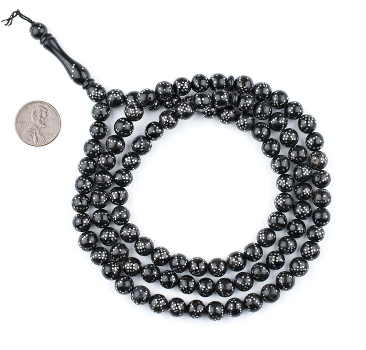 Round Dotted Silver Inlaid Black Coral Arabian Prayer Beads (8mm) - The Bead Chest