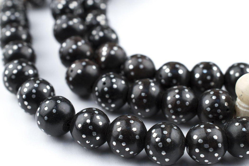 Silver Inlaid Ebony Round Arabian Prayer Beads (9mm) - The Bead Chest