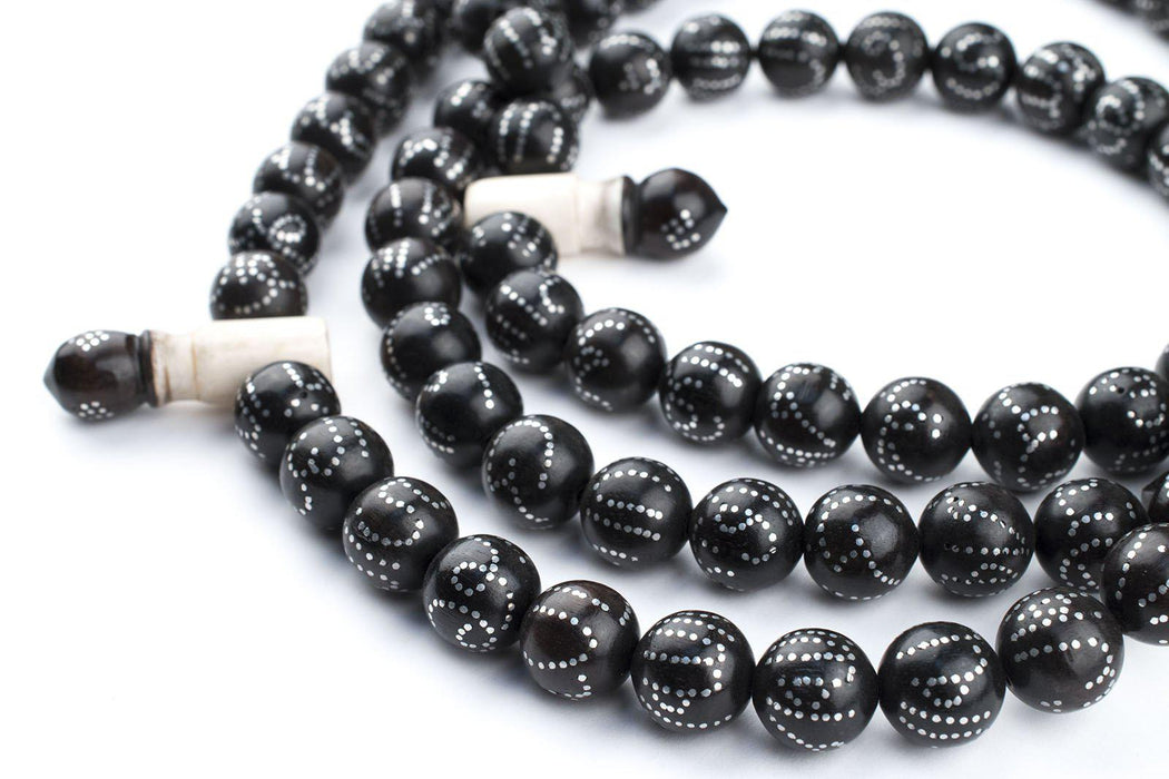 "99 Names of Allah" Silver Inlaid Ebony Arabian Prayer Beads (12mm) - The Bead Chest