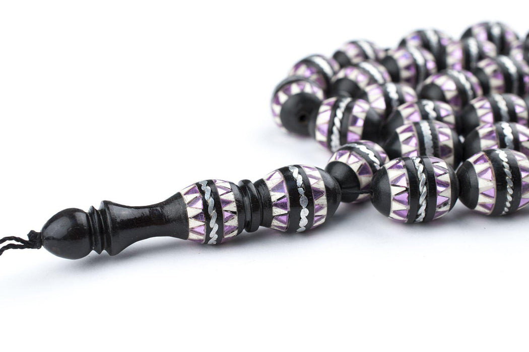 Purple Mosaic Inlaid Ebony Arabian Prayer Beads - The Bead Chest
