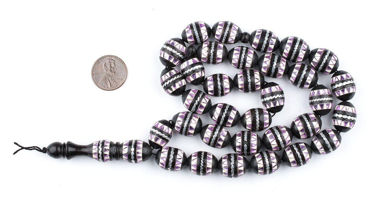 Purple Mosaic Inlaid Ebony Arabian Prayer Beads - The Bead Chest