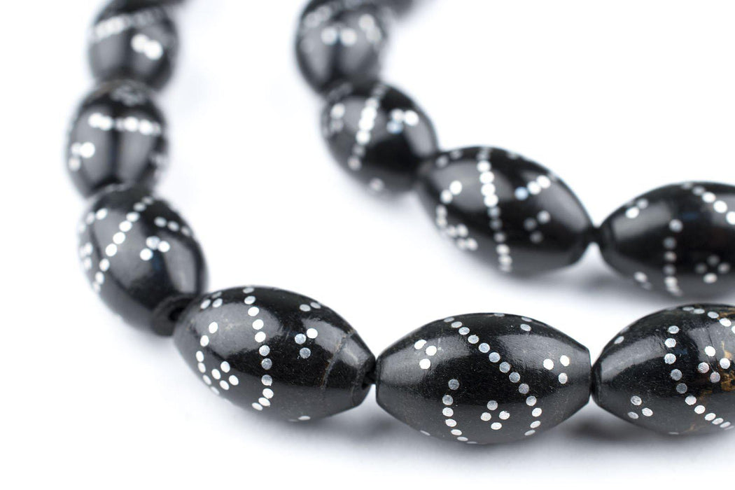Silver Inlaid Black Coral Oval Arabian Prayer Beads - The Bead Chest