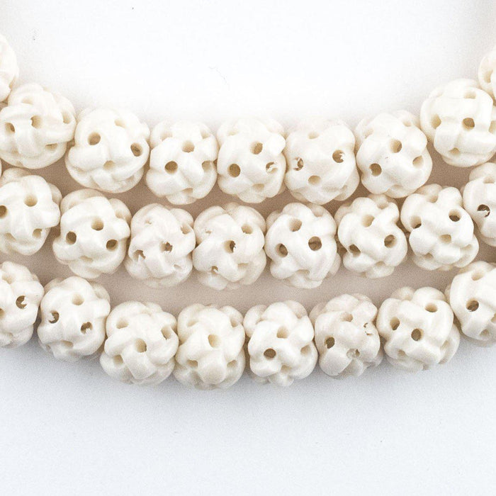 White Premium Woven Carved Bone Prayer Beads (10mm) - The Bead Chest