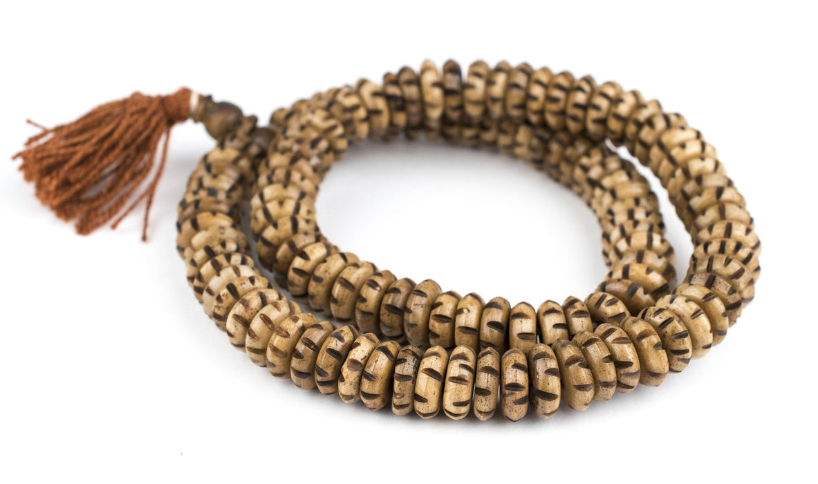 Brown Carved Disk Bone Mala Beads (14mm) - The Bead Chest