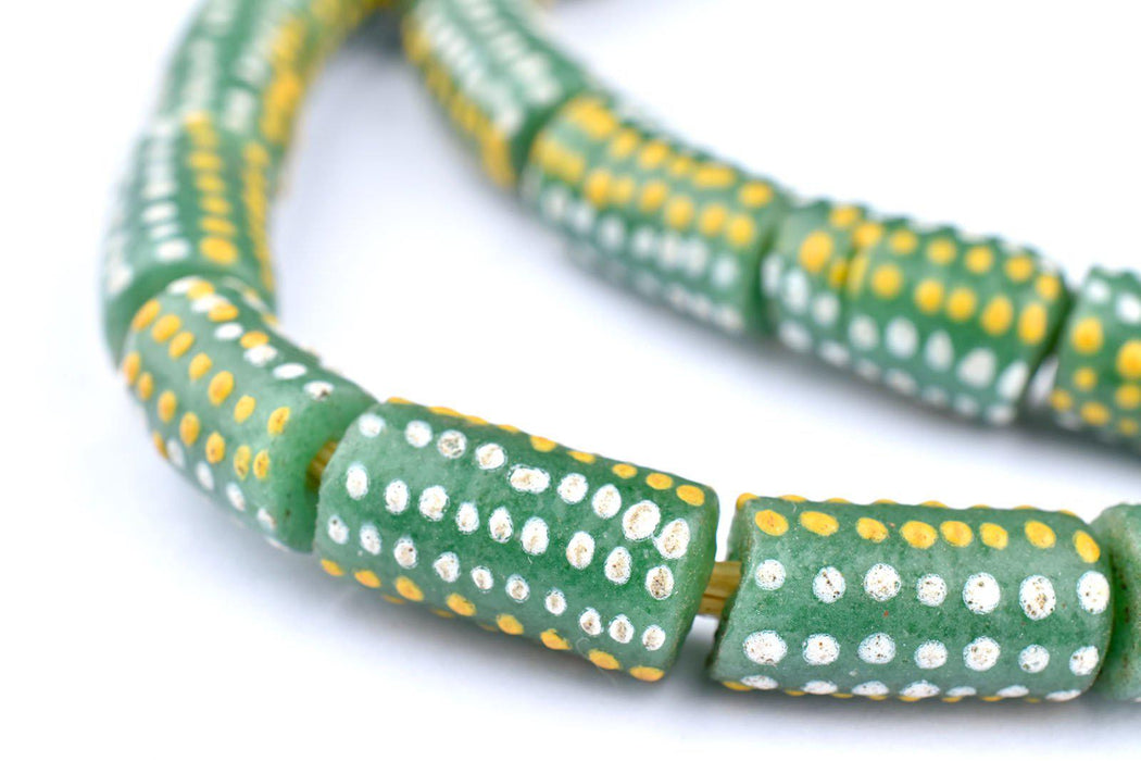 Dotted Green Cylinder Krobo Beads - The Bead Chest