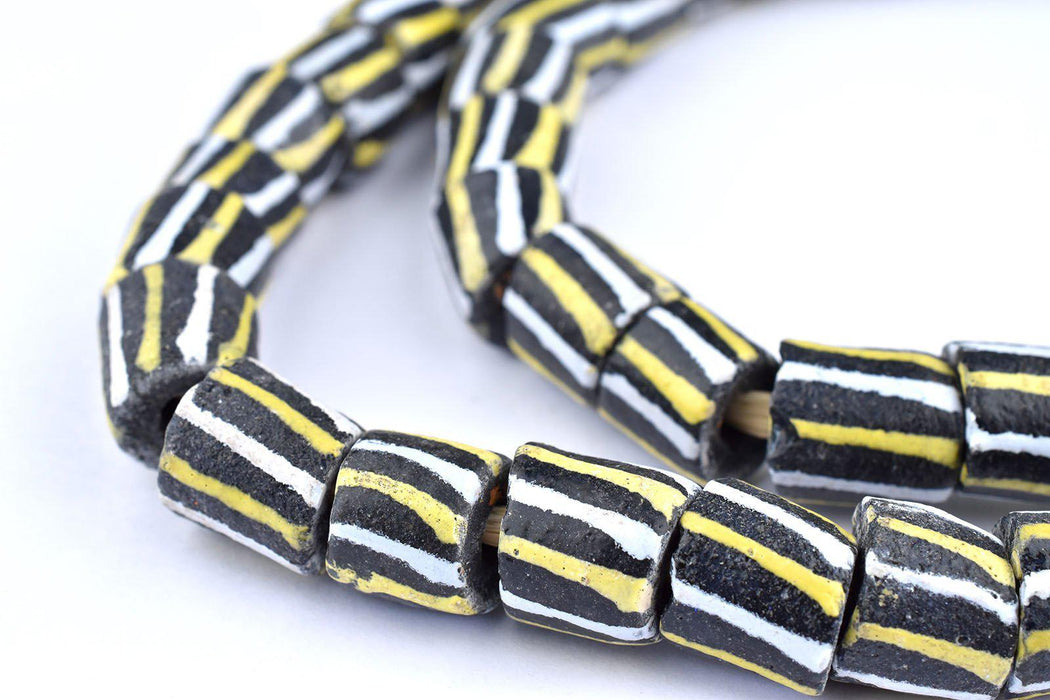 Yellow & White Striped Black Krobo Beads - The Bead Chest