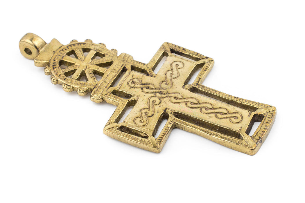 Bahir Dar Ethiopian Brass Cross Pendant (100x50mm) - The Bead Chest