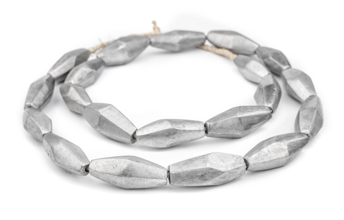 Faceted Elongated Maasai Silver Beads (32x14mm) - The Bead Chest
