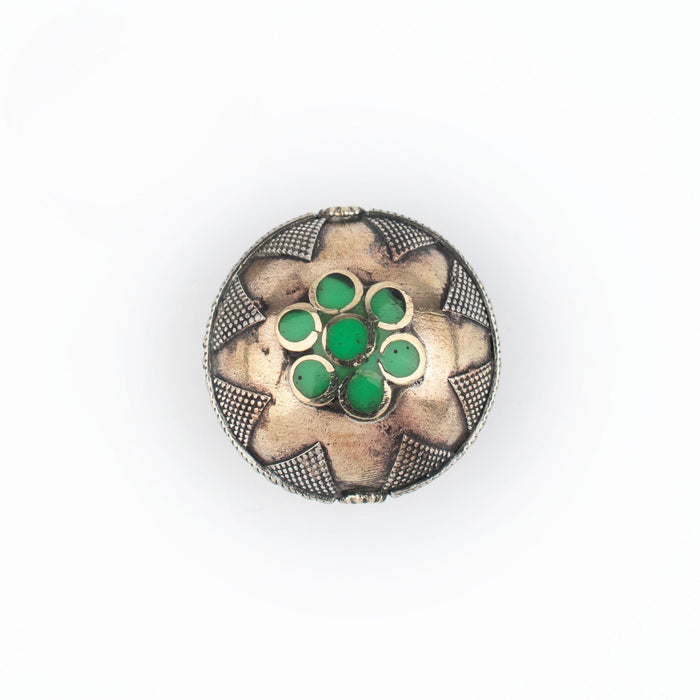 Bright Green Round Inlaid Afghani Brass Bead Pendant (36x28mm) - The Bead Chest