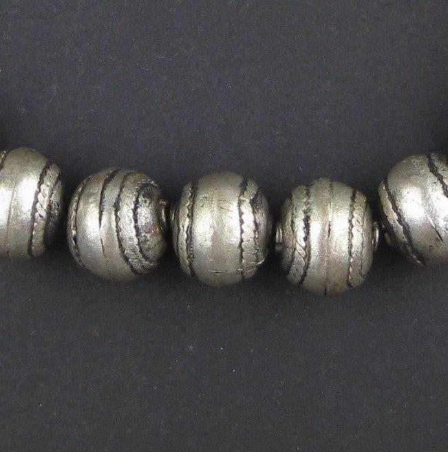 Striped Ethiopian White Metal Round Beads (15x16mm) - The Bead Chest