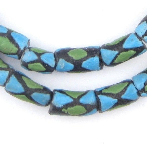 Blue-Green Argyle-Pattern Krobo Powder Glass Beads - The Bead Chest