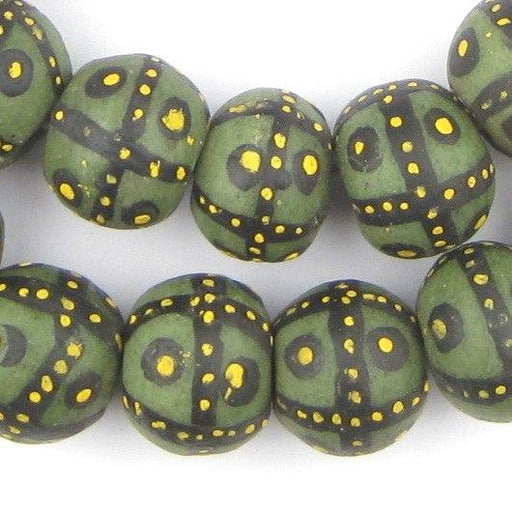 Jumbo Painted Krobo Glass Beads (Green French Cross) - The Bead Chest