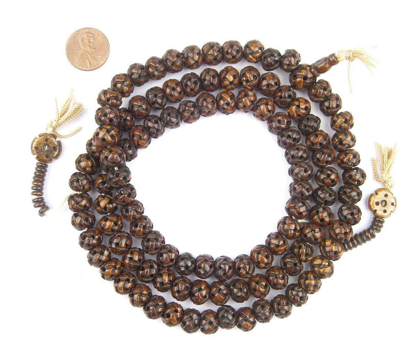 Brown Premium Woven Carved Bone Prayer Beads (10mm) - The Bead Chest