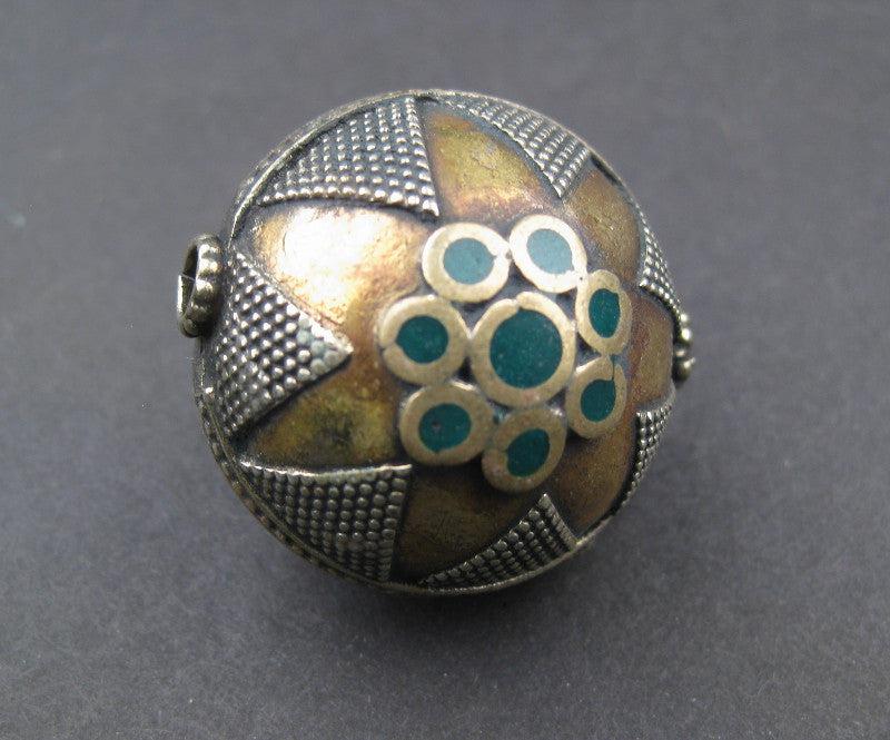Inlaid Afghani Brass Bead Pendant (Round, Green) - The Bead Chest