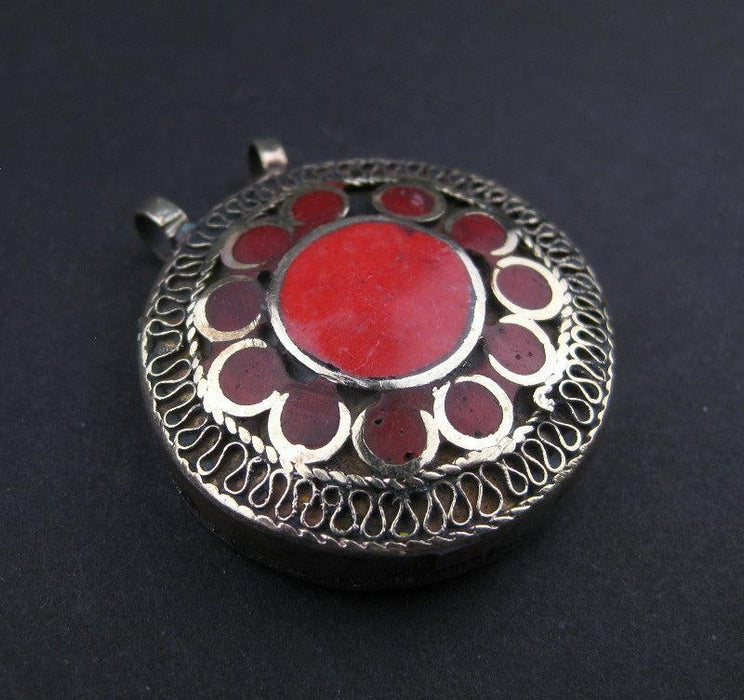 Coral Red Inlaid Afghani Silver Pendant - The Bead Chest