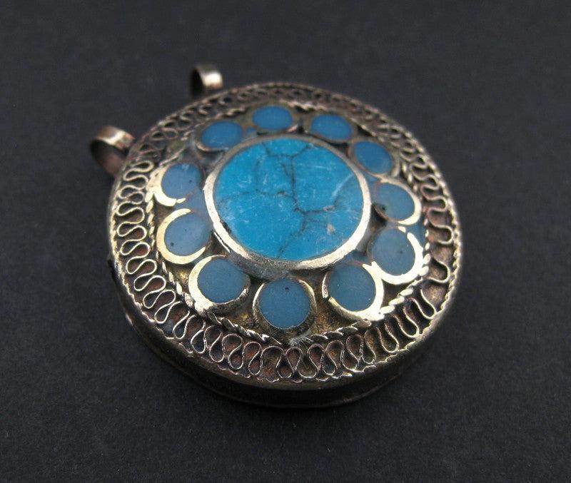 Turquoise Blue Inlaid Afghani Silver Pendant - The Bead Chest