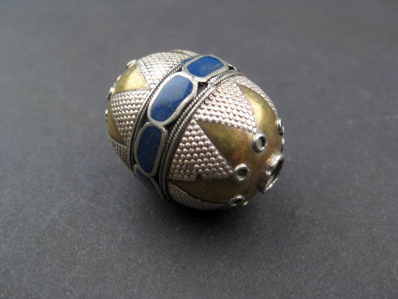 Inlaid Afghani Brass Bead Pendant (Oval, Blue) - The Bead Chest