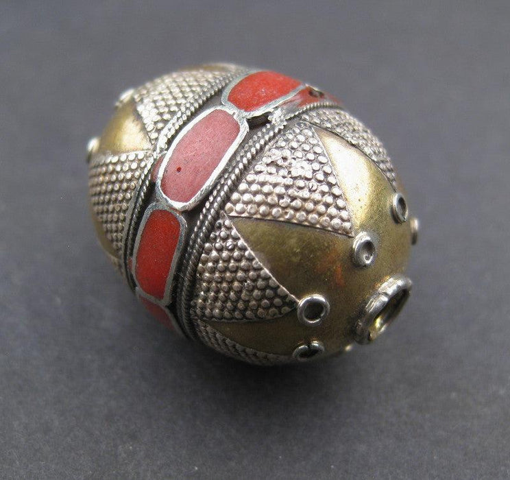 Inlaid Afghani Brass Bead Pendant (Oval, Red) - The Bead Chest