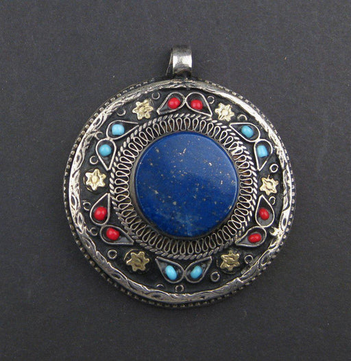 Premium Lapis Inlaid Afghan Silver Pendant (Round) - The Bead Chest