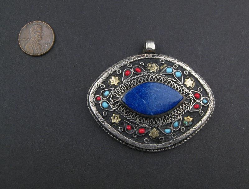 Premium Lapis Inlaid Afghani Silver Pendant (Eye Shape) - The Bead Chest