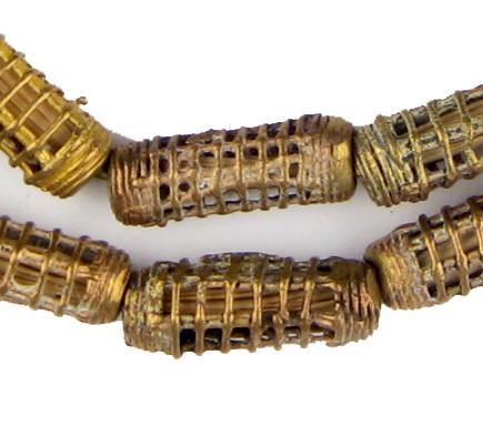 Caged Cylinder Ghana Brass Filigree Beads (30x10mm) - The Bead Chest
