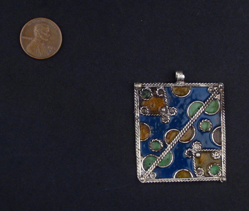 Blue Rectangular Enameled Berber Pendant - The Bead Chest