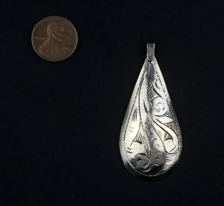 Elongated Engraved Silver Moroccan Pendant (63x27mm) - The Bead Chest