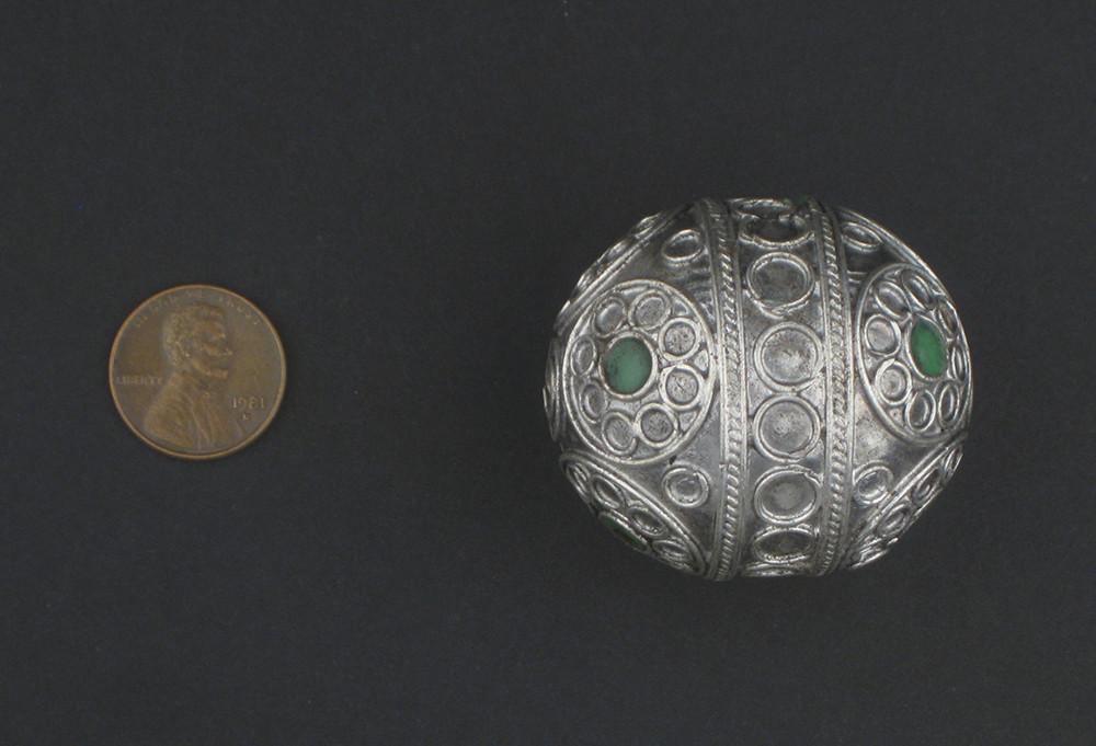 Jumbo Artisanal Enamel Inlaid Emerald Green Berber Bead Pendant - The Bead Chest