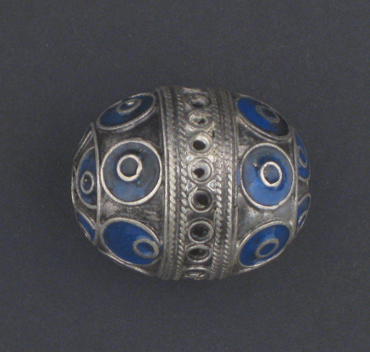 Blue Artisanal Enamel-Inlaid Berber Bead Pendant - The Bead Chest