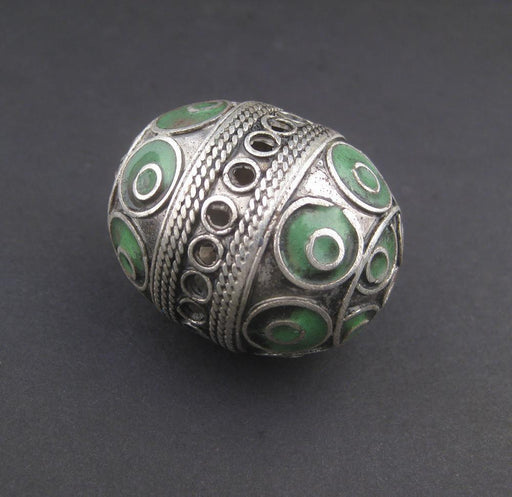 Green Artisanal Enamel-Inlaid Berber Bead Pendant - The Bead Chest