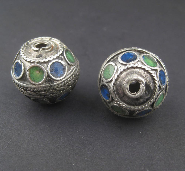 Blue-Green Enamel Berber Beads (Set of 2) - The Bead Chest