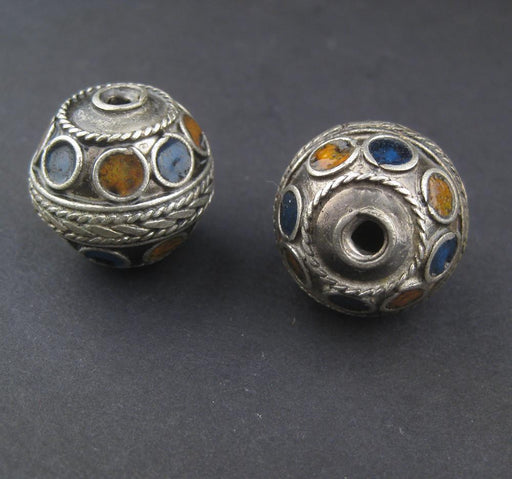 Blue-Orange Enamel Berber Beads (Set of 2) - The Bead Chest