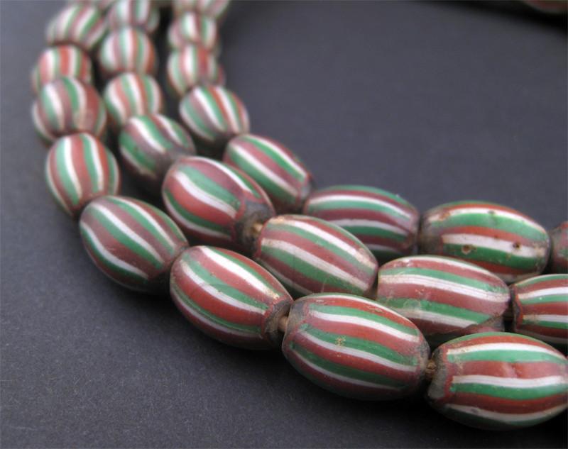 Green White Red Stripe Large Watermelon Beads (Long Strand) - The Bead Chest
