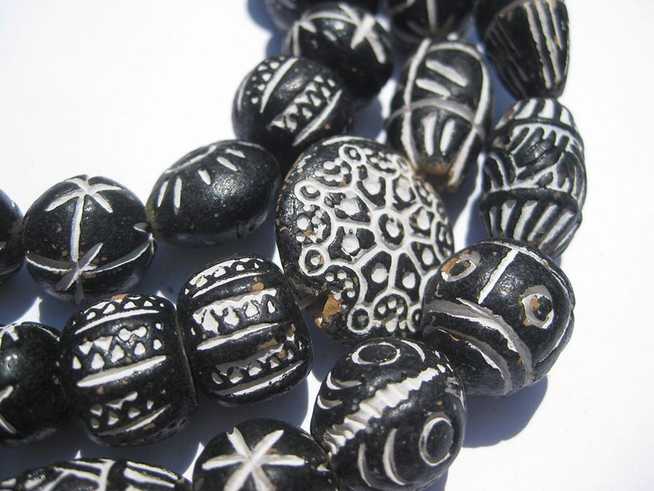 Traditional Black Patterned Terracotta Beads - The Bead Chest