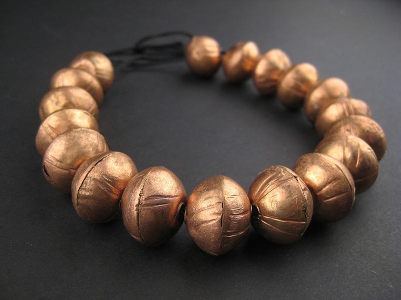 XL Ethiopian Patterned Copper Bicone Beads (17x21mm) - The Bead Chest