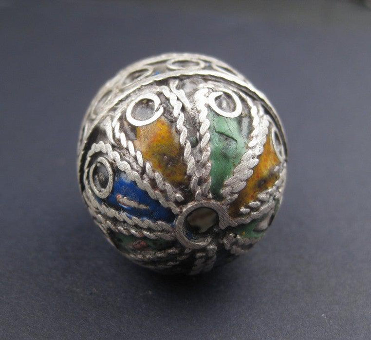 Artisanal Enameled Round Silver Berber Bead - The Bead Chest