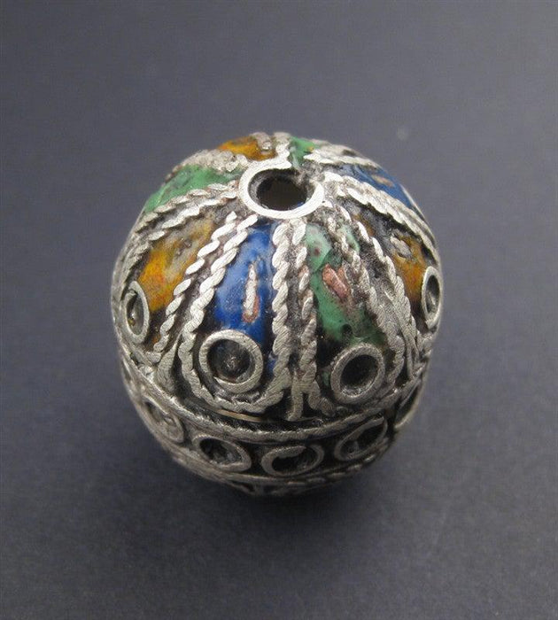 Artisanal Enameled Round Silver Berber Bead - The Bead Chest