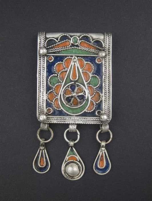 Fancy Enameled Rectangular Berber Pendant w/ Dangles - The Bead Chest