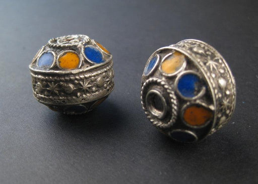 Enameled Blue-Orange Berber Beads (2 pieces)