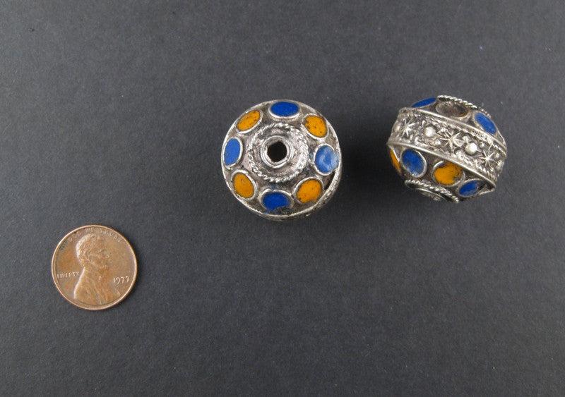 Enameled Blue-Orange Berber Beads (2 pieces) - The Bead Chest