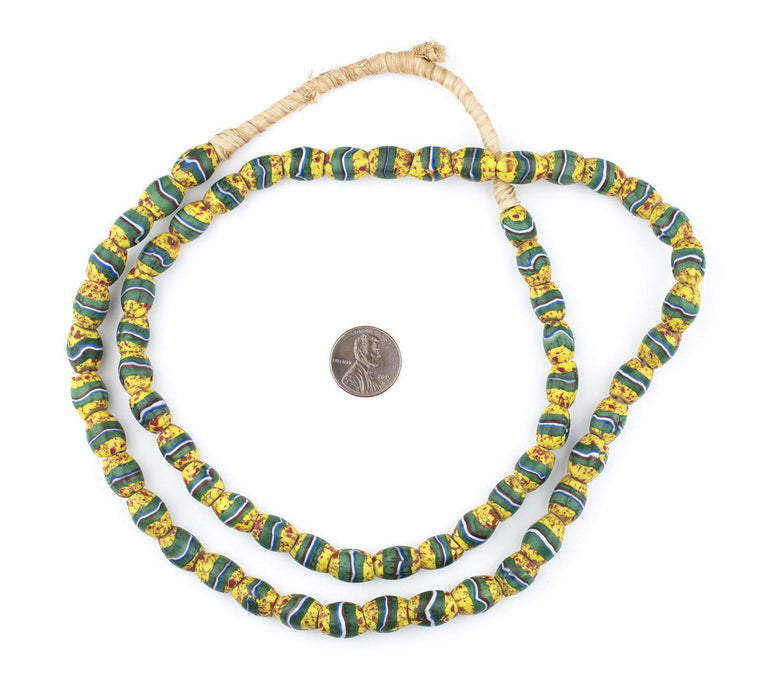 Blue, Green, Yellow Striped Oval Venetian Trade Beads - The Bead Chest