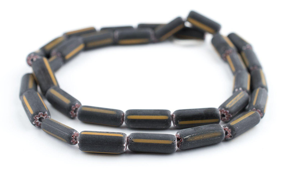 Yellow-Striped Elongated Black Glass Beads (20x8mm) - The Bead Chest