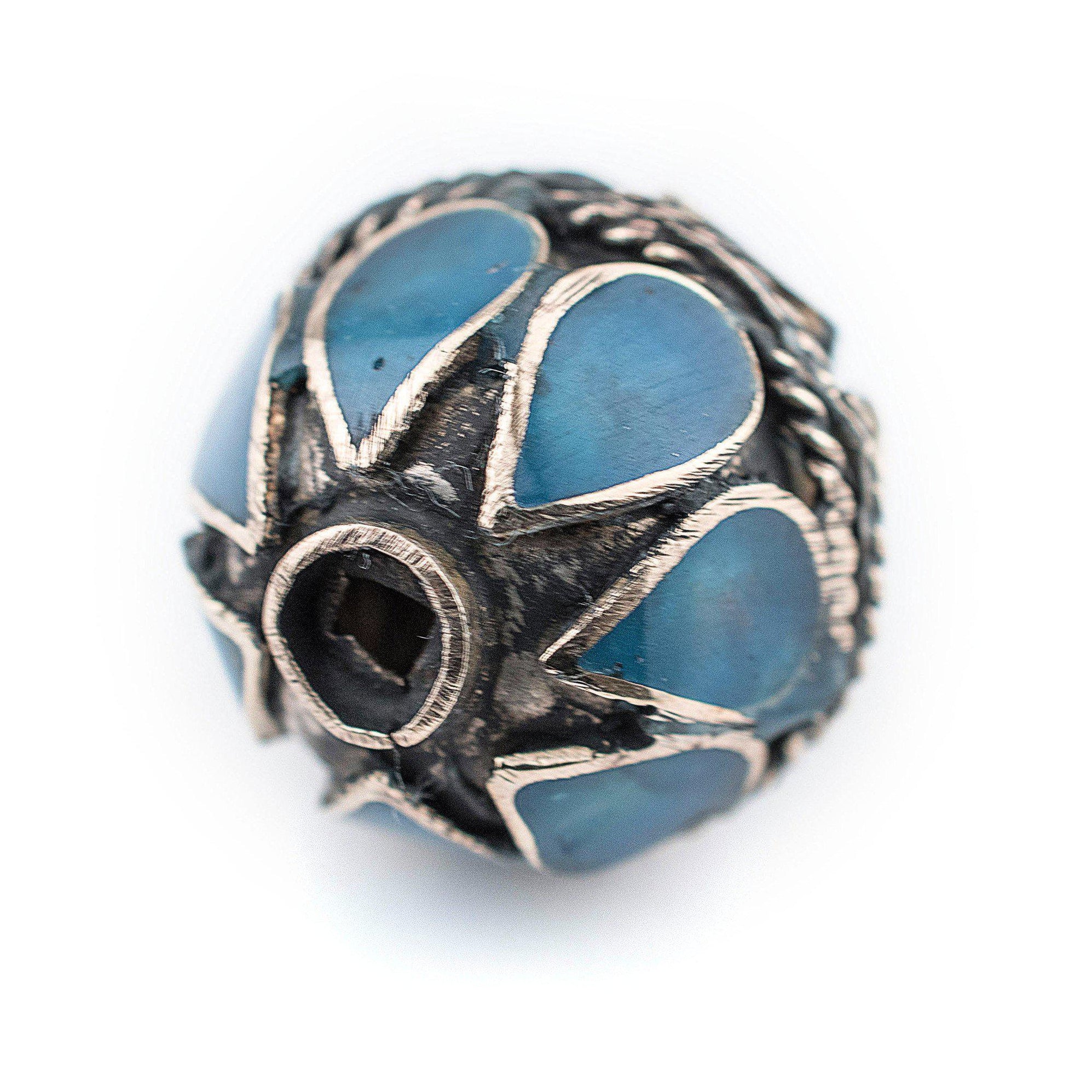 Turquoise-Inlaid Afghan Tribal Silver Bead (20mm) — The Bead Chest