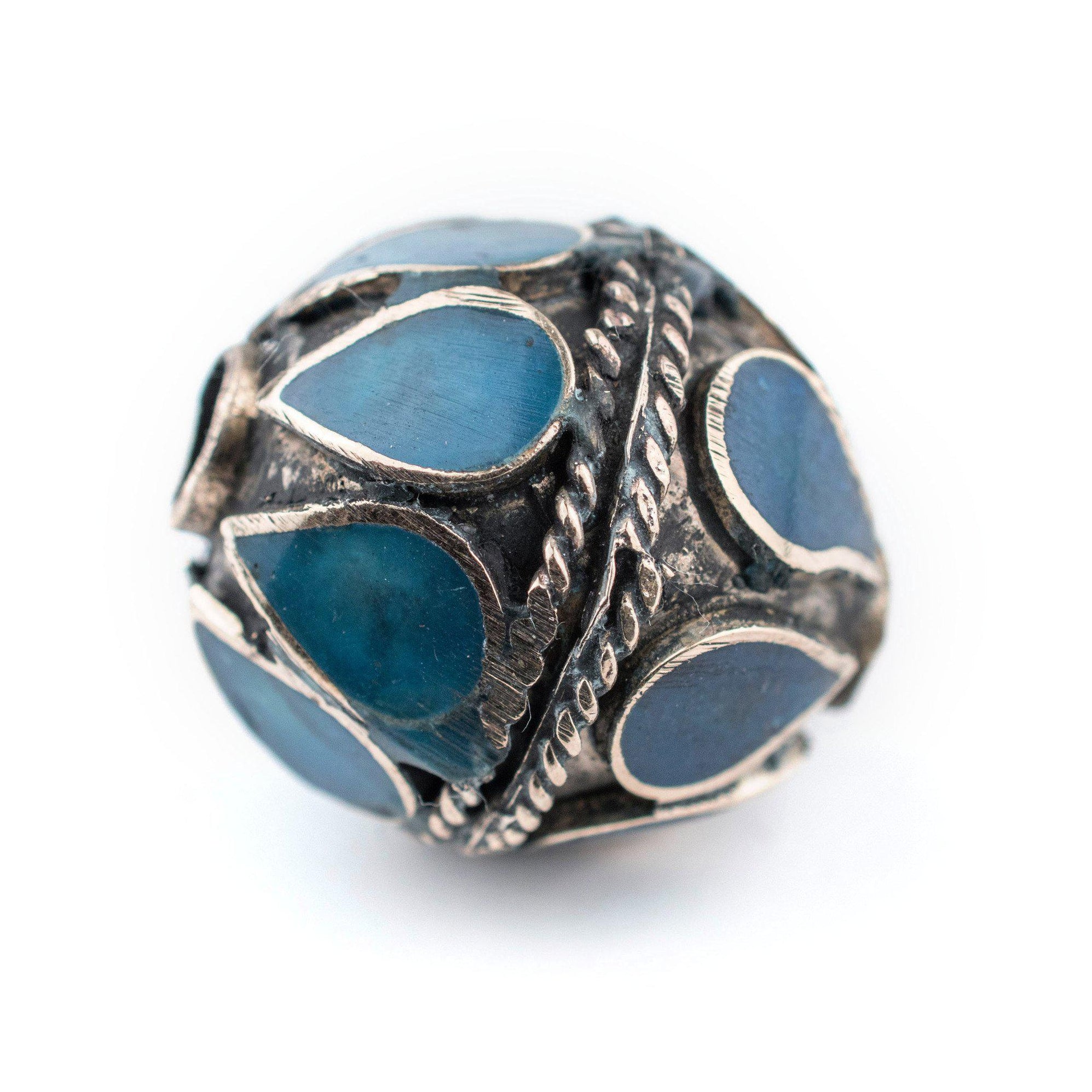 Turquoise-Inlaid Afghan Tribal Silver Bead (20mm) — The Bead Chest