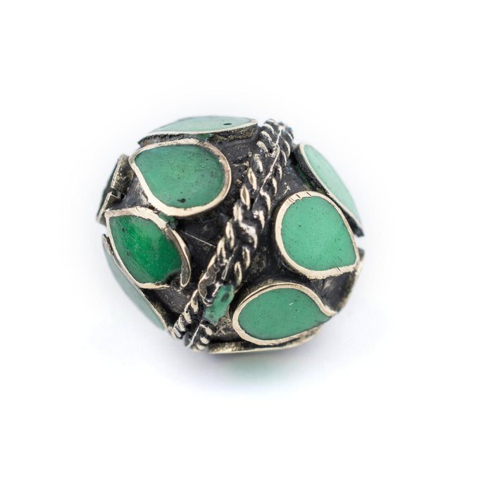 Emerald-Inlaid Afghan Tribal Silver Bead (20mm) - The Bead Chest