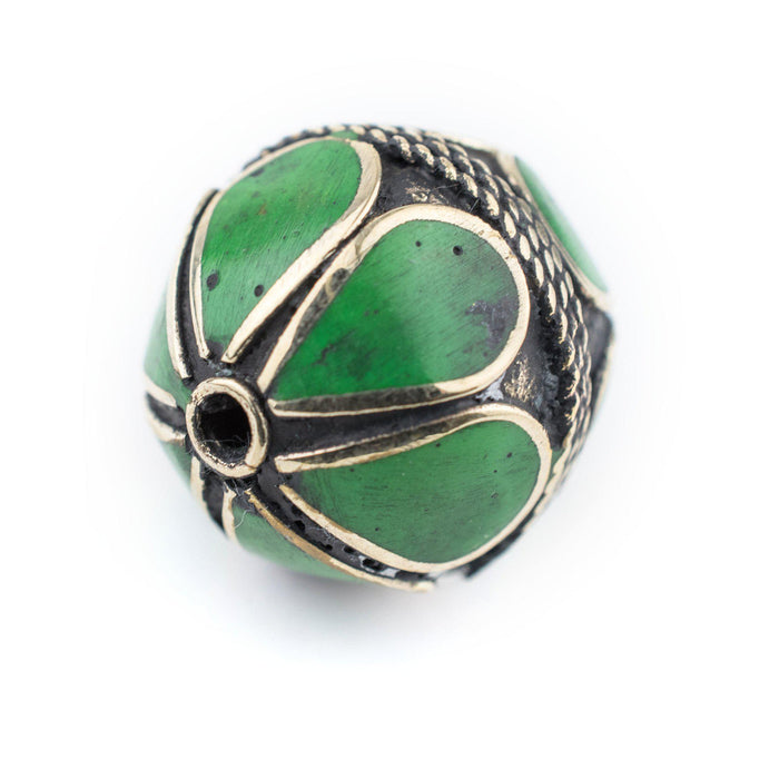 Emerald-Inlaid Afghan Tribal Silver Bead (25mm) - The Bead Chest