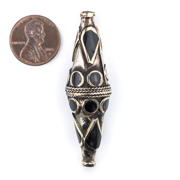 Onyx-Inlaid Elongated Afghan Tribal Silver Bead (60x18mm) - The Bead Chest